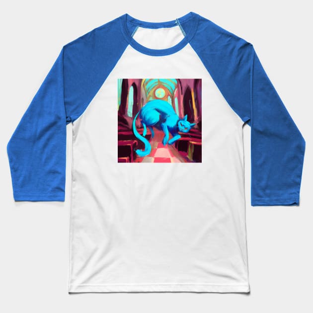 Psychic Blue Cat Levitates in Church Baseball T-Shirt by Star Scrunch